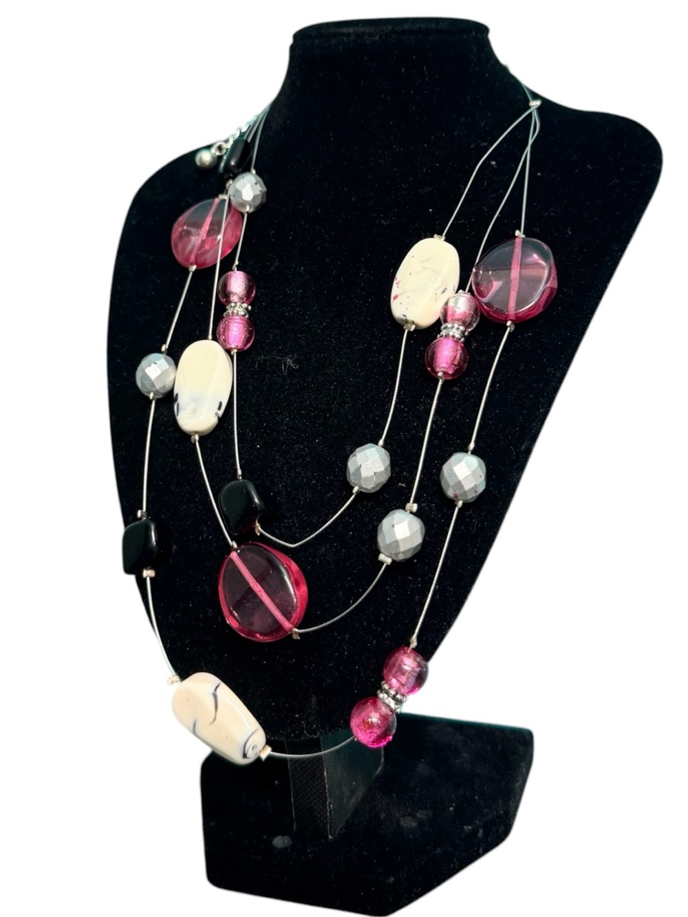Chico’s Multi Strand Beaded Statement Necklace Pink Gray Black Adjustable Boho